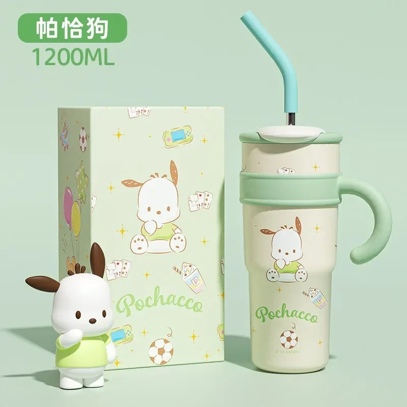 700/1200ml Sanrio Hello Kitty Cinnamoroll Thermos Cup Straw Cup with Handle Cartoon High Capacity Stainless Steel Water Cup Gift