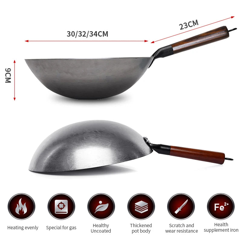 Wok traditionnel en fer, Woks sans revêtement forgés à la main pour poêle de cuisine, poignée en bois, Wok à gaz, ustensiles de cuisine