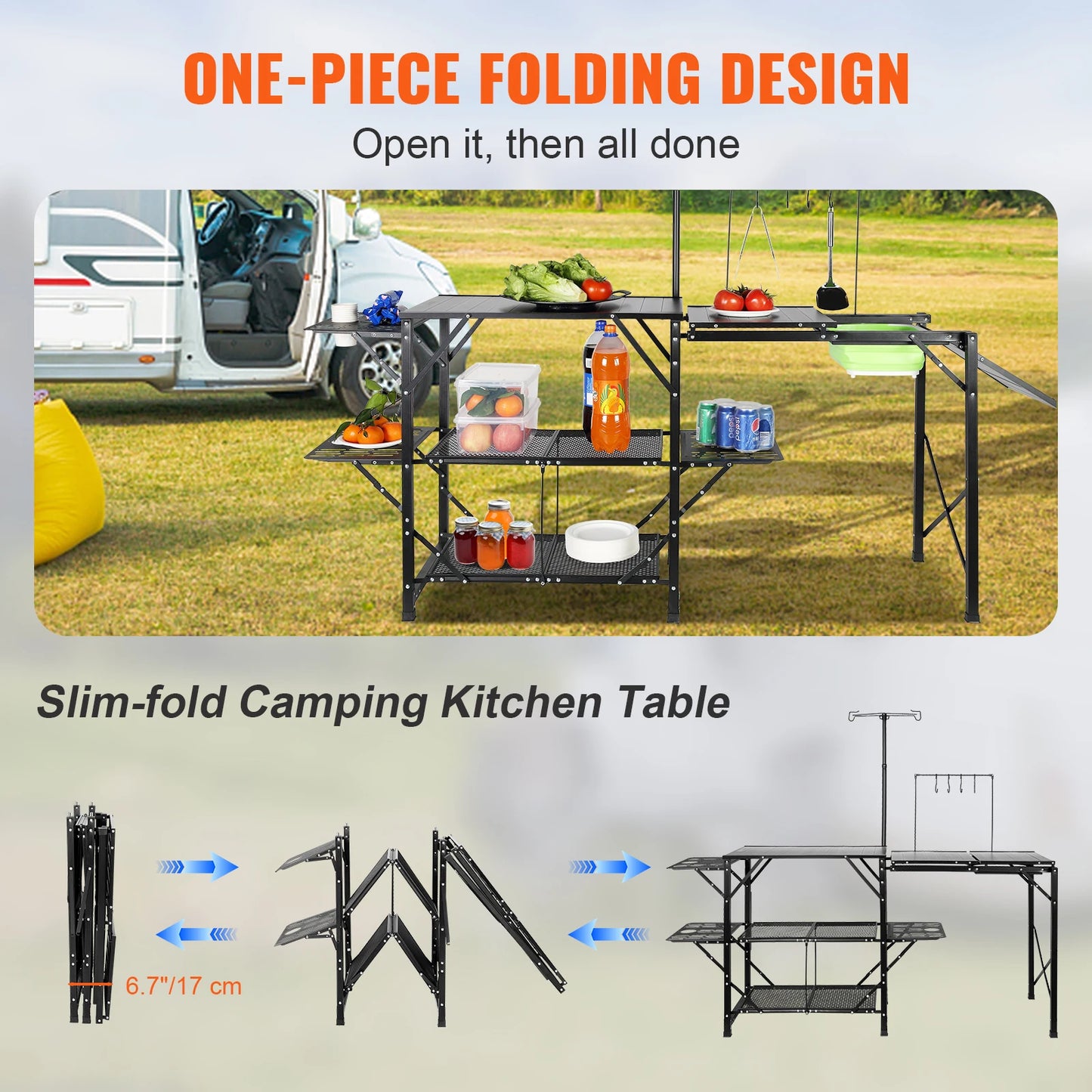 VEVOR Camping Kitchen Table with Sink, Aluminum Folding Portable Outdoor Cook Station, for Picnic BBQ Beach Traveling