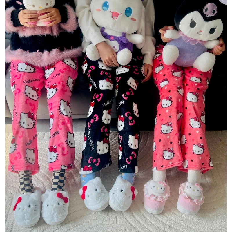 Sanrio Hello Kitty-Pijamas de franela Kawaii Y2k de Anime para mujer, pantalones de casa informales de lana cálidos con dibujos animados, pantalones de moda para Otoño e Invierno