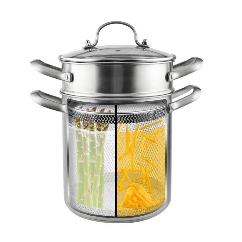 Olla para freír Pasta de acero inoxidable, olla para freír al vapor, olla para sopa de 4 L con rejilla de vapor, cesta para freír, utensilios de cocina para Pasta y espárragos, 4 Uds.