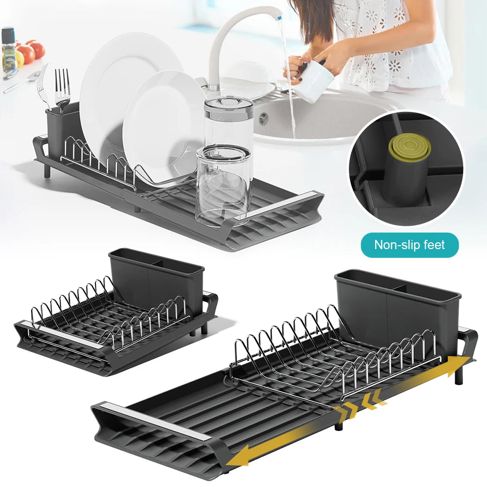 Égouttoir à vaisselle extensible avec plateau de vidange, support de rangement pour ustensiles de comptoir de cuisine, Organization de la maison