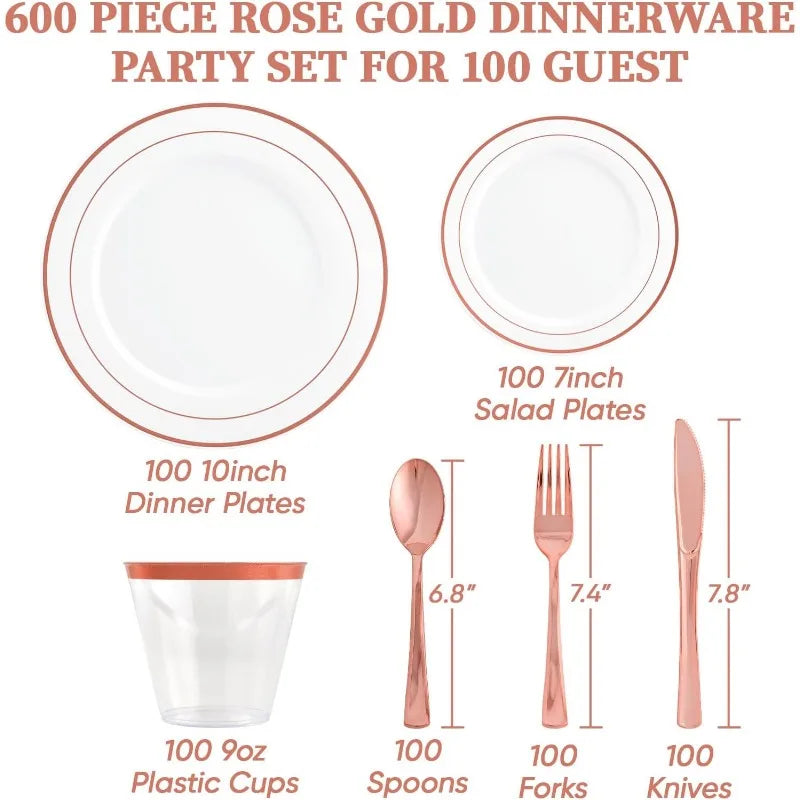 Service de vaisselle 600 pièces pour 100 invités, assiettes en plastique à bords argentés jetables, assiettes à dîner, assiettes à Dessert, tasses