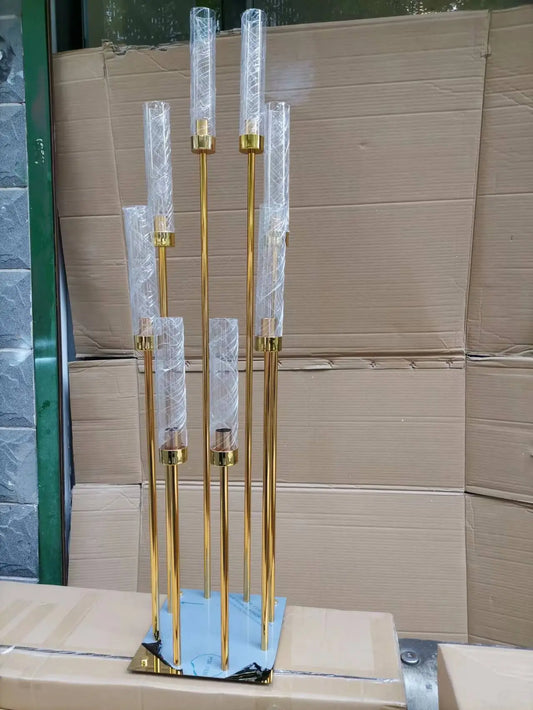 Candelabro acrílico dorado de 8 cabezas, soporte de metal para velas de pilar para decoración de escenario de boda, pasarela