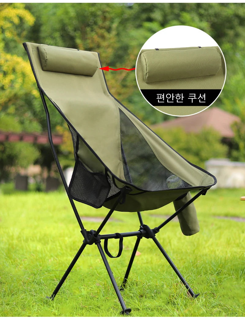 Silla de Camping con respaldo alto y Luna, silla ultraligera de aleación de aluminio para pesca, picnic, barbacoa, silla portátil para acampar en la playa, silla de ocio