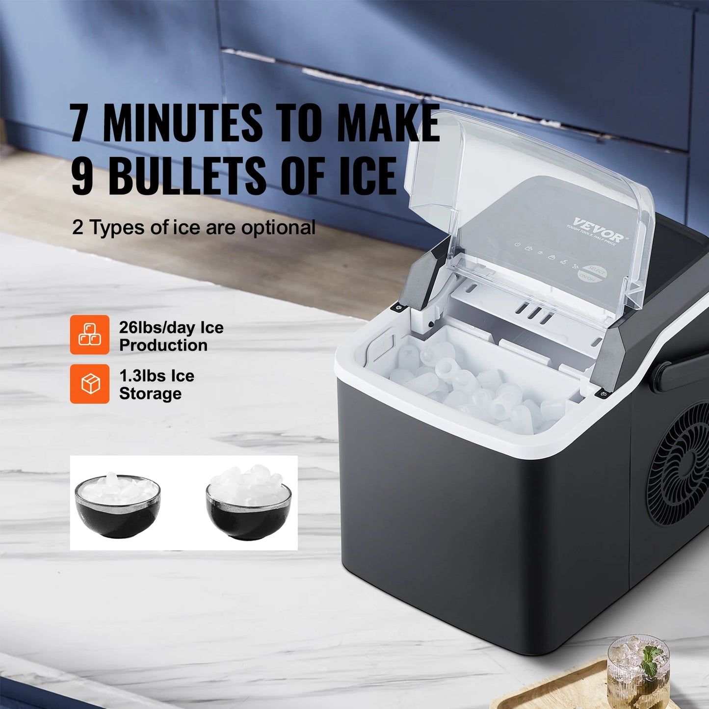 VEVOR Countertop Ice Maker Self-Cleaning Portable Ice Maker with Ice Scoop and Basket Ice Machine with 2 Sizes Bullet Ice