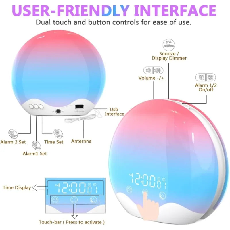 Sunrise Alarm Clock Wake Up Light with Touch Control Dual-Sided Natural Light for Kids Heavy Sleepers with 12-Color Night Light