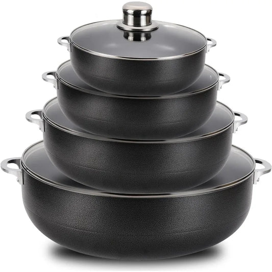 Alpine Cuisine 8 Piece Set Aluminum Non-Stick Caldero Stock Pot with Glass Lid, Commercial Grade Cooking Dutch Oven