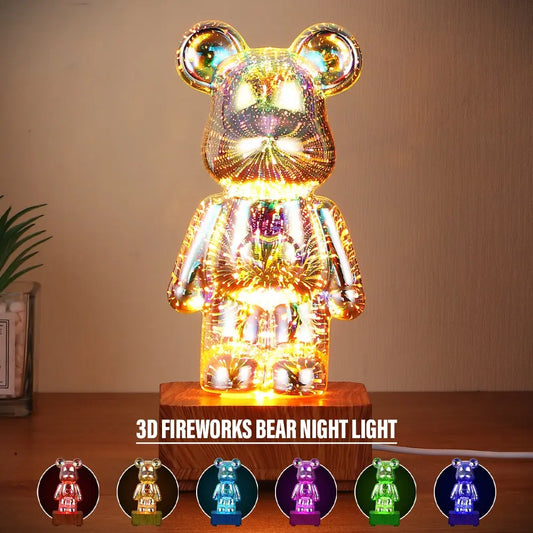 LED 3D Bear Firework Night Light USB Projector Lamp Color Changeable Ambient Lamp Suitable for Children Room Bedroom Decoration