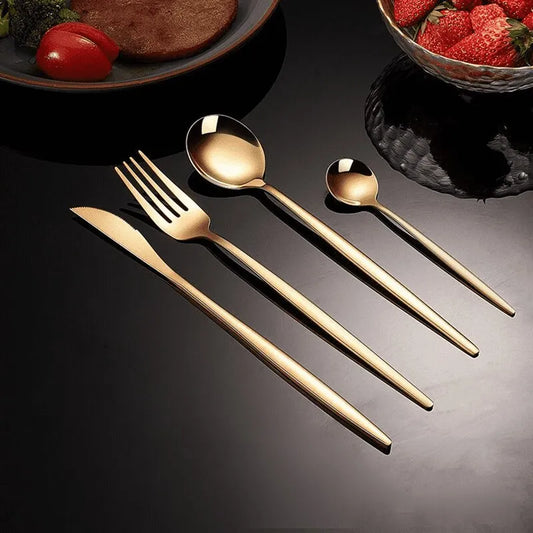 24pcs Gold Dinnerware Set Stainless Steel Steak Knife Fork Coffee Spoon Teaspoon Flatware Dishwasher Safe Kitchen Tablewar