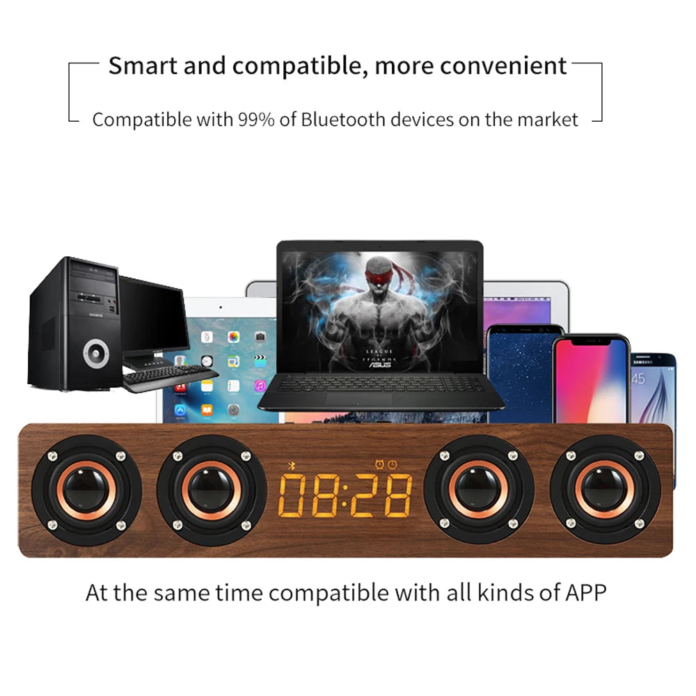 Réveil en bois rechargeable avec barre de son Bluetooth, haut-parleur caisson de basses et radio FM pour la décoration de la maison ou de la salle de jeux e-sport