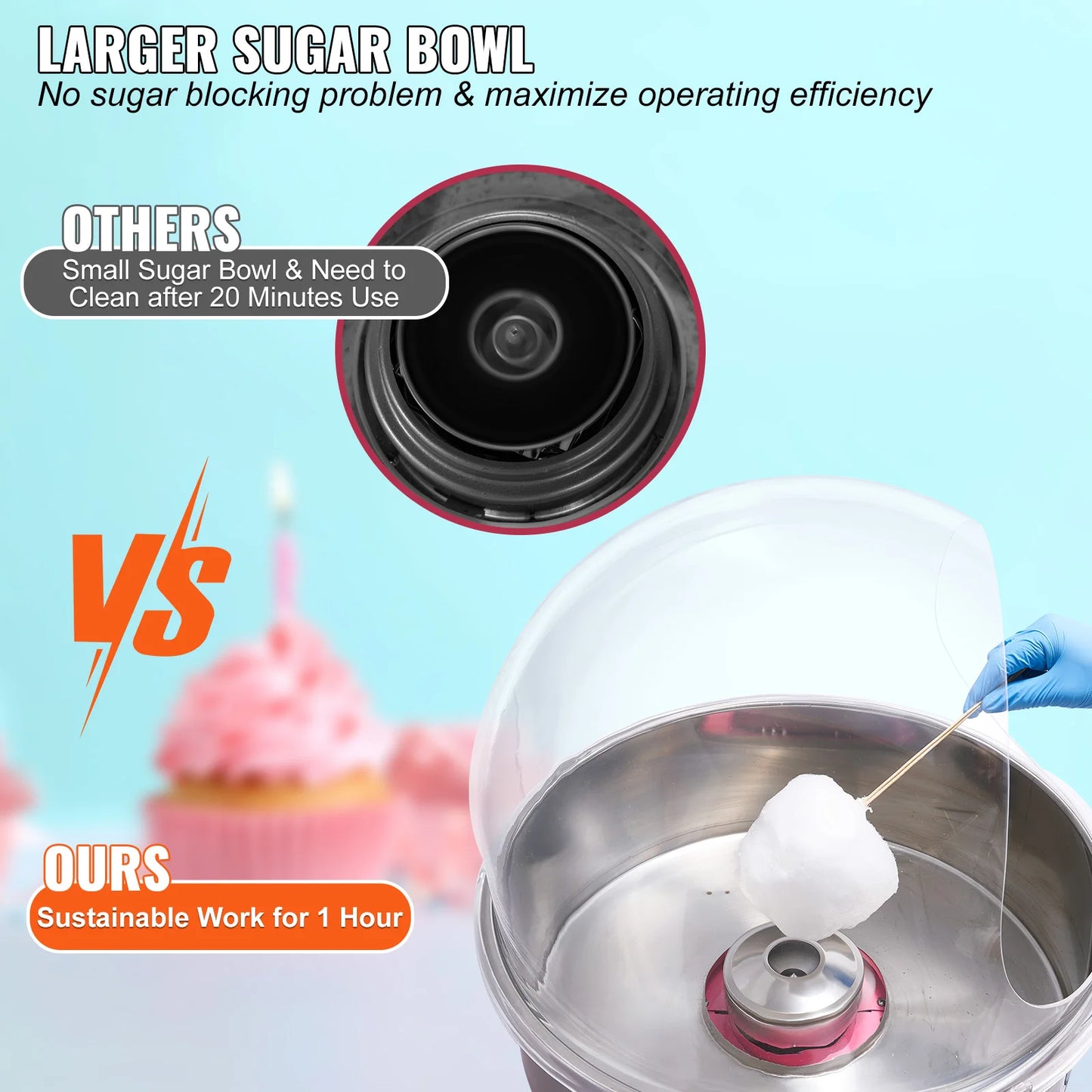 VEVOR Electric Cotton Candy Machine Commercial Floss Maker with Stainless Steel Bowl Sugar Scoop and Drawer for Birthday Party