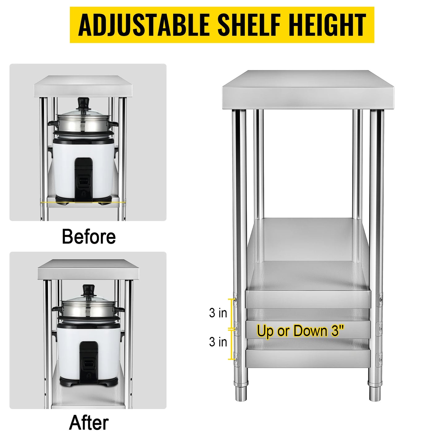 Mesa de preparación de trabajo de acero inoxidable VEVOR, mesa de trabajo de metal de 550 libras con estante inferior ajustable, 48x18x34/60x24x34/72x30x34 pulgadas