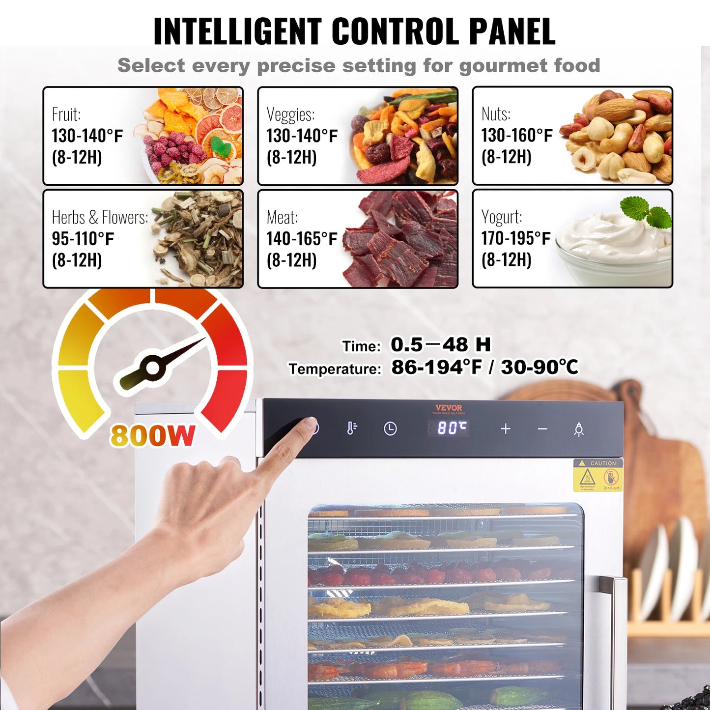 VEVOR-deshidratador de alimentos de 10 bandejas, máquina de acero inoxidable, 800W/1000W, secador de frutas y verduras para el hogar con temporizador Digital