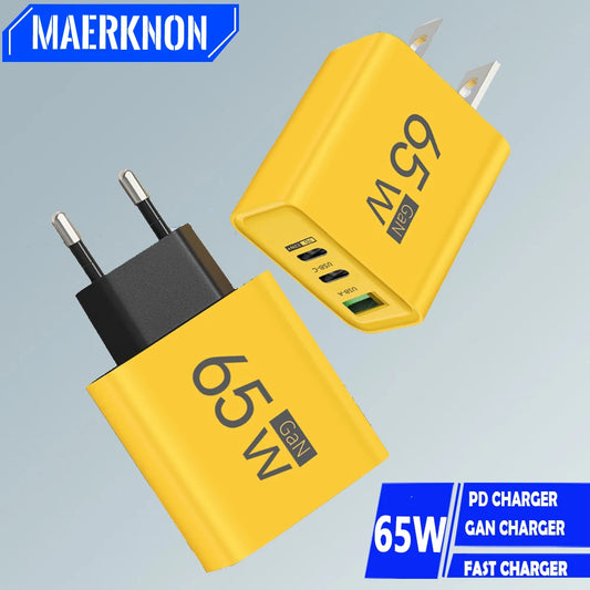 Cargador USB PD GaN de 65W y 3 puertos, adaptador de carga rápida tipo C para teléfono móvil, Cargador rápido 3,0 para iPhone 15, Samsung, Xiaomi y Huawei