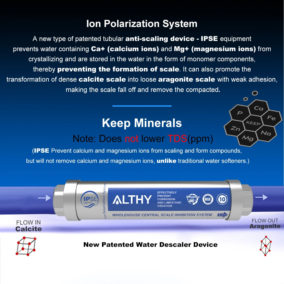 ALTHY AL-WS100 IPS Descalcificador de agua para toda la casa Sistema suavizante de inhibición de incrustaciones Máquina antical Corrosión y agua dura