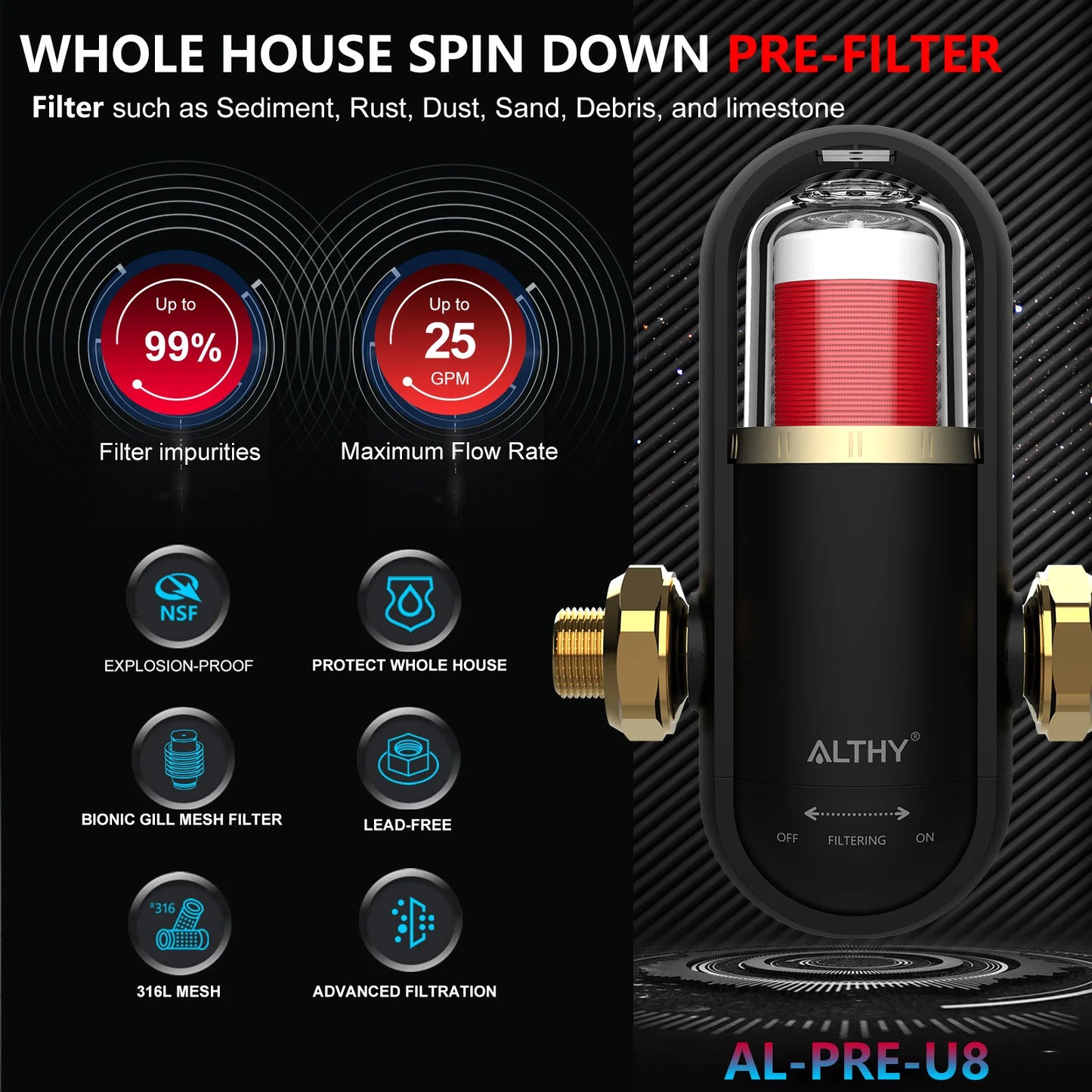 ALTHY PRE-U8 Bionic Gill + maille en acier inoxydable pré-filtre toute la maison Spin Down sédiment filtre à eau purificateur lavage à contre-courant