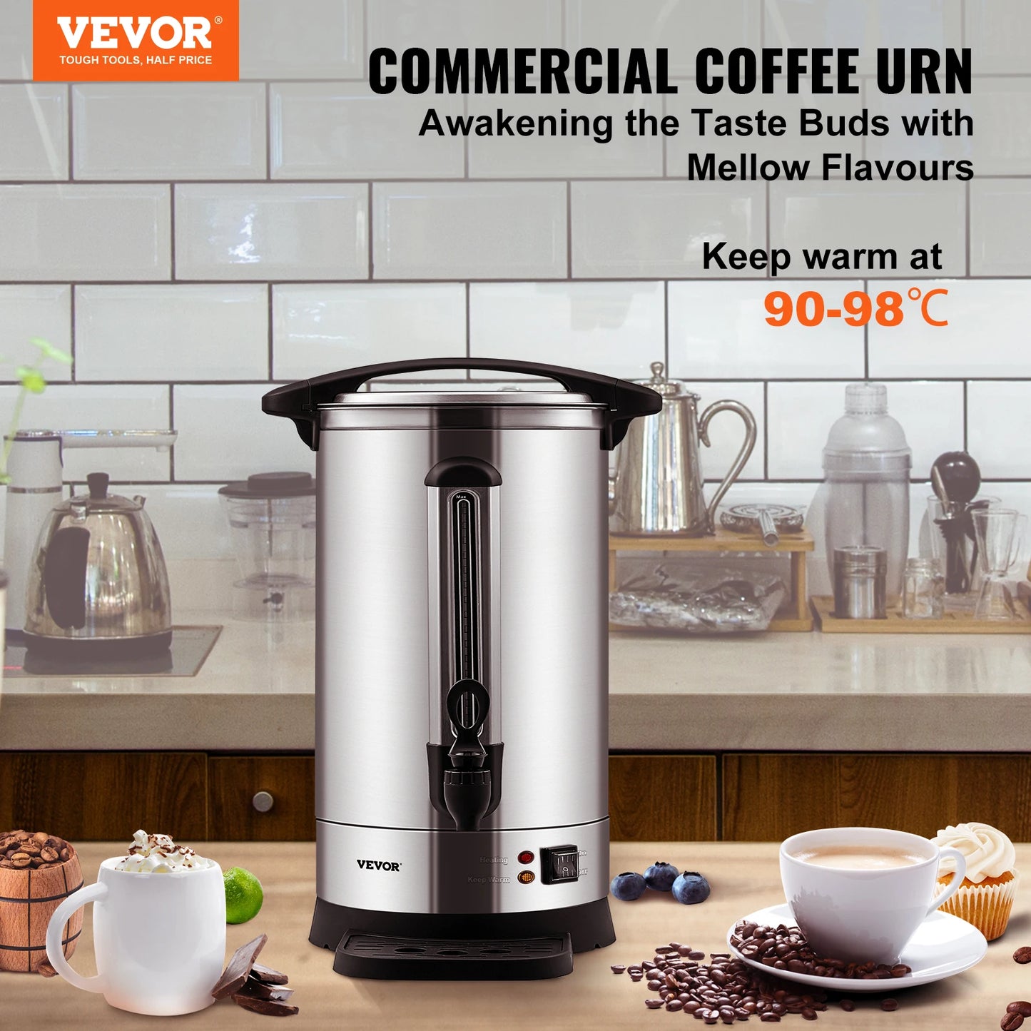 VEVOR 65/110 Cups Stainless Steel Coffee Thermos Urn Commercial Hot Water Dispenser for Camping Fast Brewing Easy Cleaning