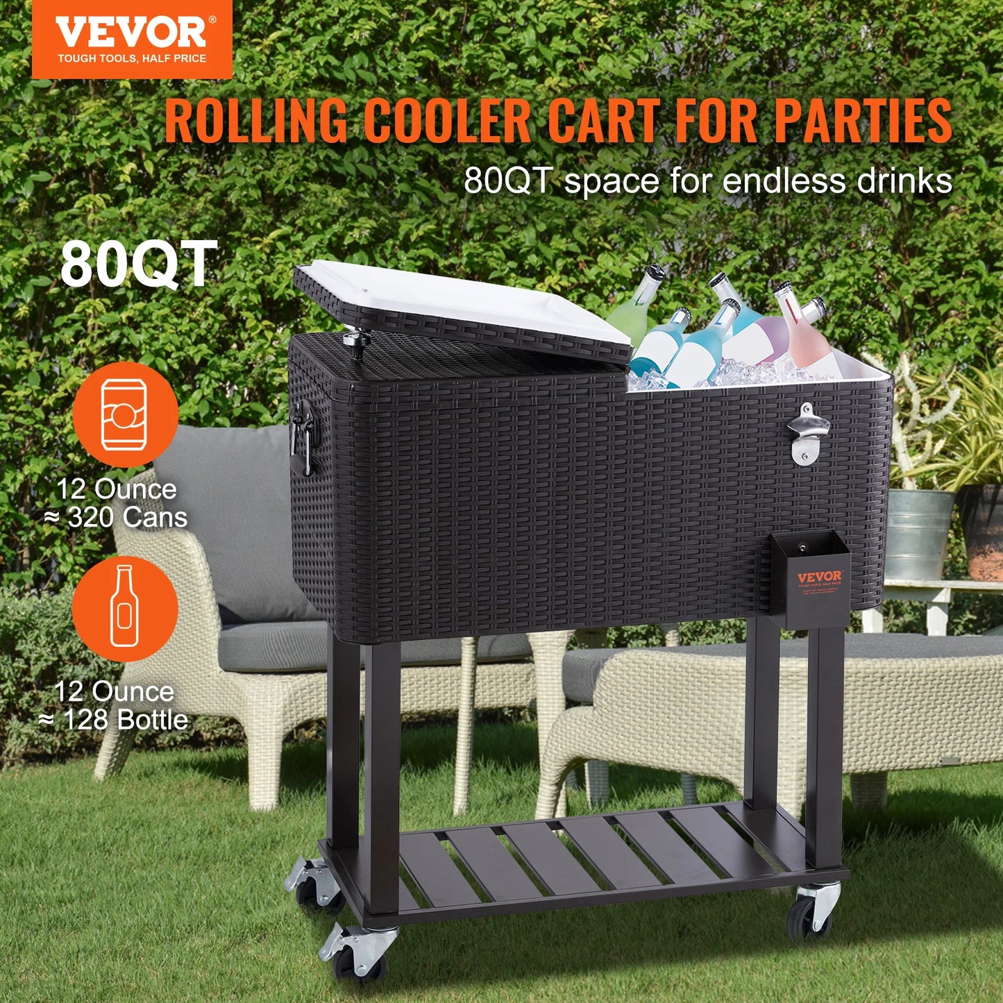 VEVOR 80 QT Rolling Ice Chest Cooler Cart Portable Bar Drink Cooler Beverage Bar Stand Up Cooler for Patio Backyard Party Pool