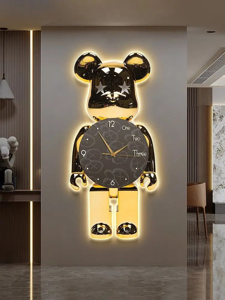 Light Luxury Art Cartoon Bear Clocks, Wall Clock Modern Design, Living Room Decoration, Room Creative Clock Wall Lamp Mute