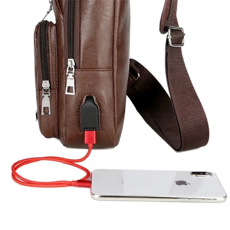 Sac de poitrine de chargement USB avec trou pour casque, sac de poitrine antivol multifonction à sangle unique pour hommes avec bandoulière réglable