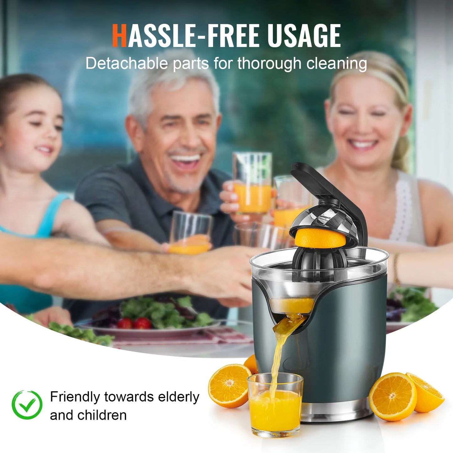 VEVOR Electric Citrus Juicer Orange Juice Squeezer with Two Size Juicing Cones 150W Stainless Steel Orange Juice Maker