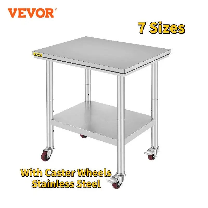 VEVOR-mesa de trabajo de cocina de acero inoxidable, estantes, mesa de trabajo comercial con ruedas para almacenamiento en casa y restaurante