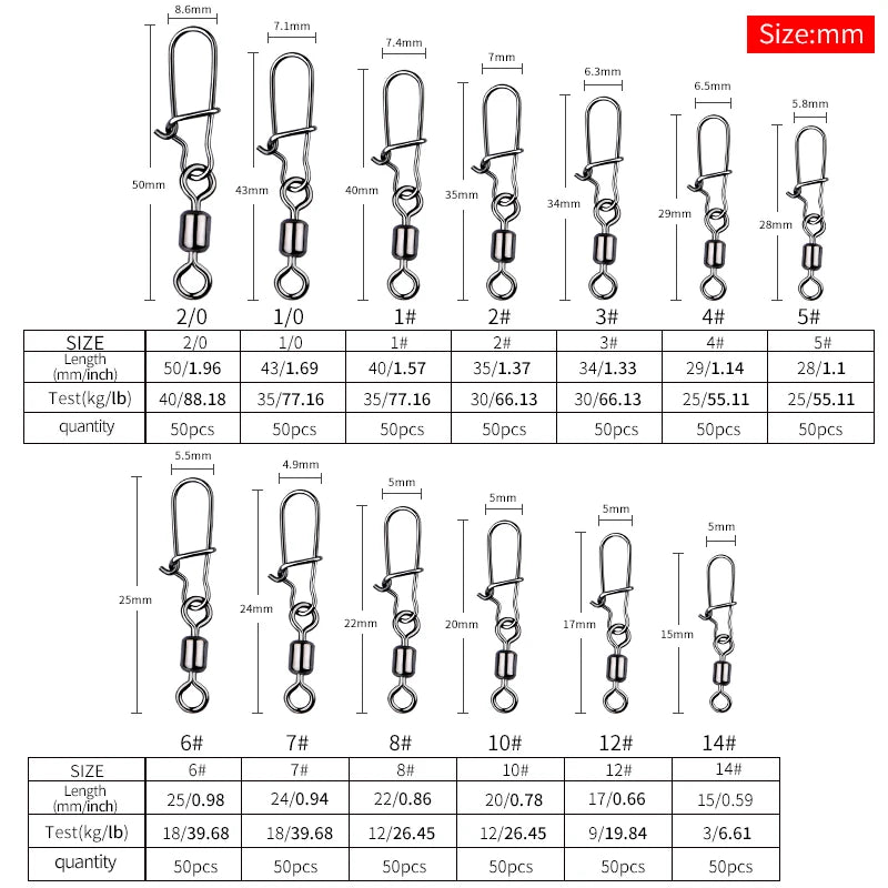 MEREDITH 50 pièces accessoires de pêche au brochet connecteur broche roulement pivotant en acier inoxydable mousqueton leurre pivote matériel