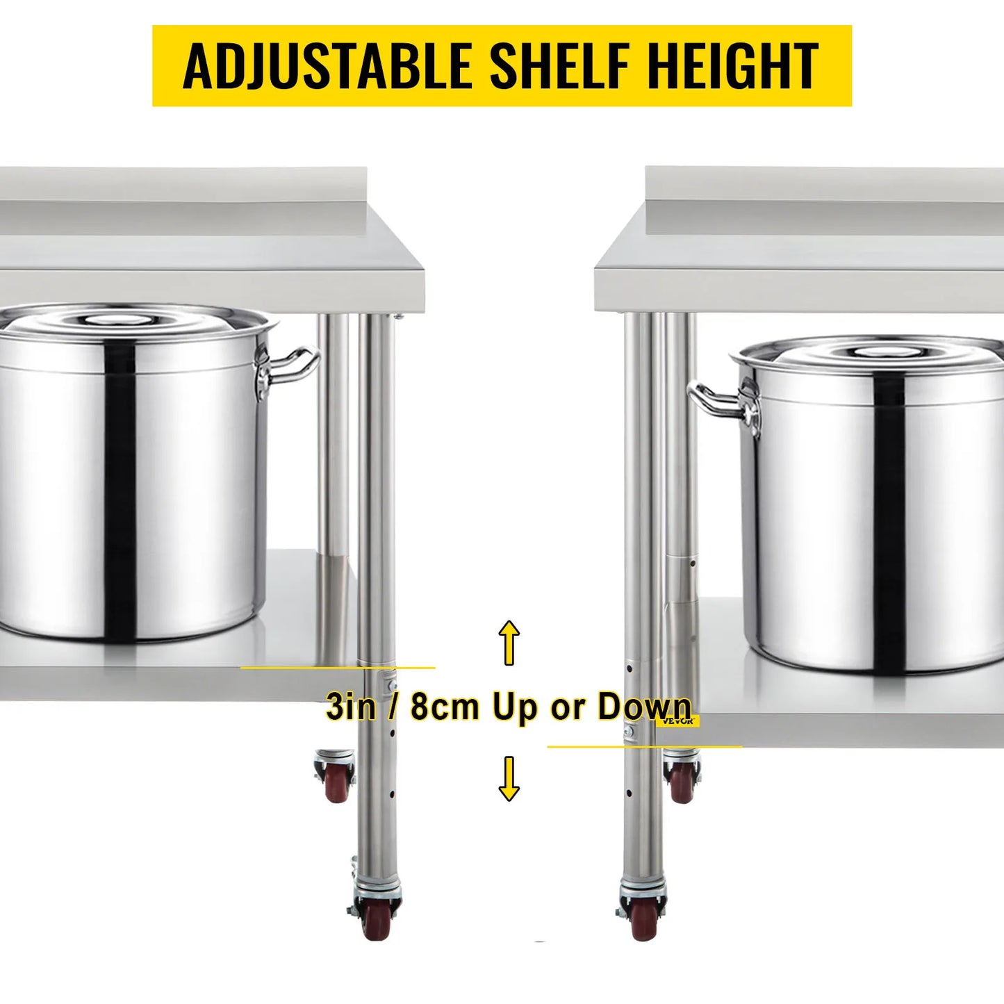 VEVOR Table de préparation au travail en acier inoxydable 24 x 15 x 35/24 x 24 x 35/30 x 24 x 35/36 x 24 x 35 pouces 440 lb avec dosseret et roulettes