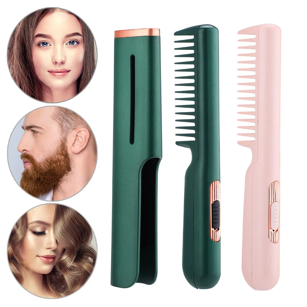 2 in 1 Hair Straightener Heating Comb USB Hair Straightening Curling Hairdressing Styling Beard Brush Unisex for Business Travel