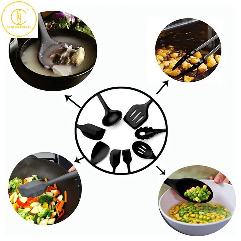 10 Pcs non-stick Silicone Utensils Set Turner Tongs Spatula Soup Spoon Shovel Oil Brush Cooking Tools Set kitchen gadgets items