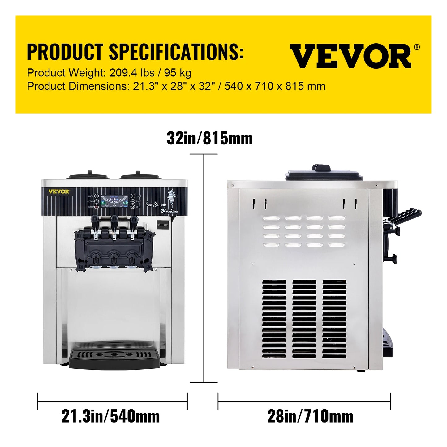 VEVOR 18-28L/H Soft Ice Cream Machines Commercial Sorbet Coolers Tricolor Desktop Sweet Cone Freezing Equipment Vending Machine