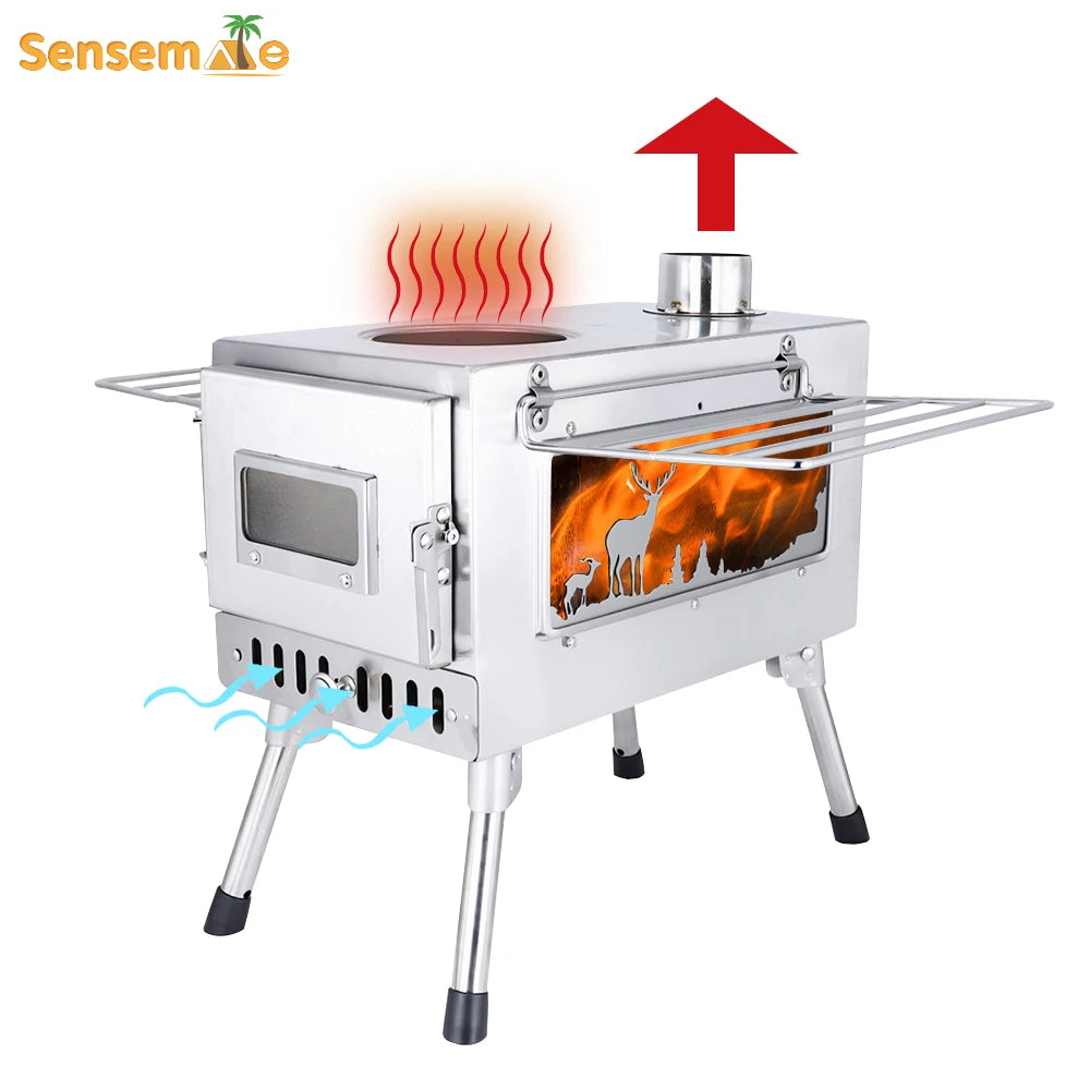 Large Portable Fire Wood Stove, 304 Stainless Steel, Window Pipe for Tent Heater, Cot Camping, Ice-fishing Cooking, Outdoor BBQ