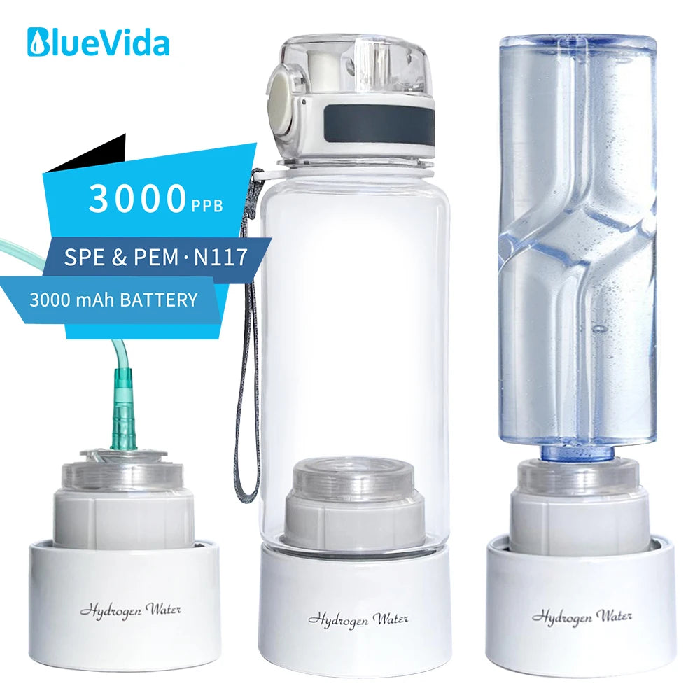 Botella generadora de agua rica en hidrógeno para deportes, hasta 3000ppb, Batería grande de 3000mAh, ionizador de agua H2 de doble cámara DuPont SPE/PEM