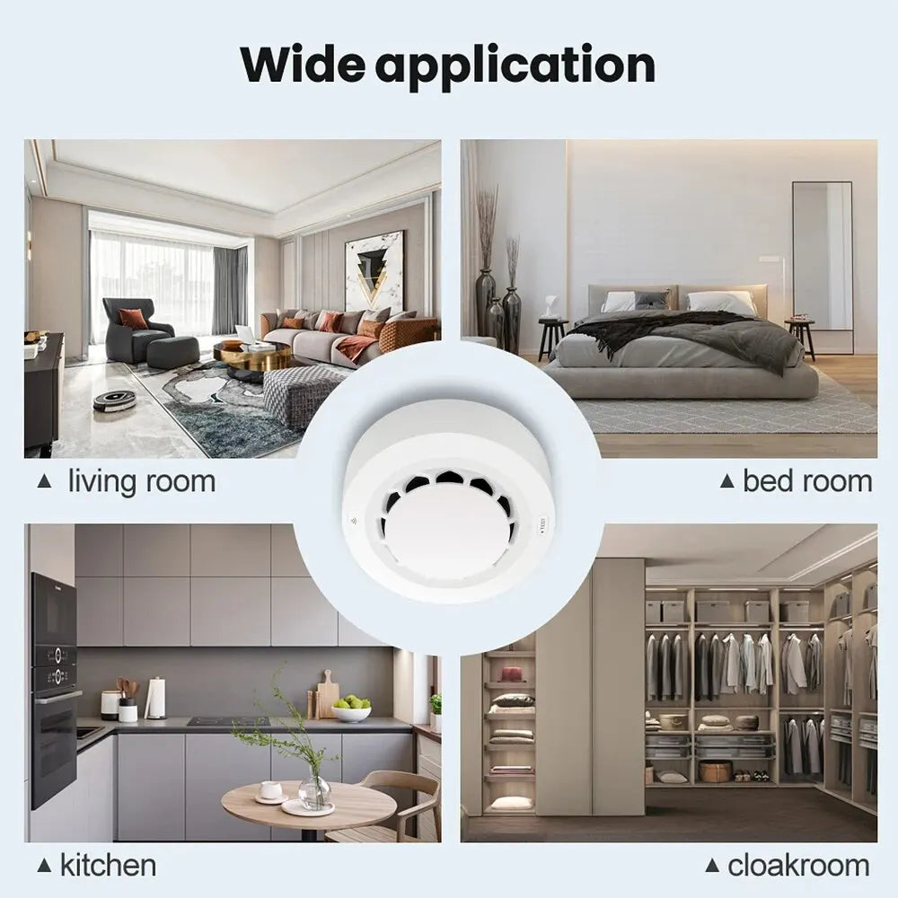 ONENUO Tuya-Detector de humo WiFi, Sensor fotoeléctrico, alarma de incendio, sistema de seguridad para el hogar y la cocina, funciona con la aplicación Smart Life