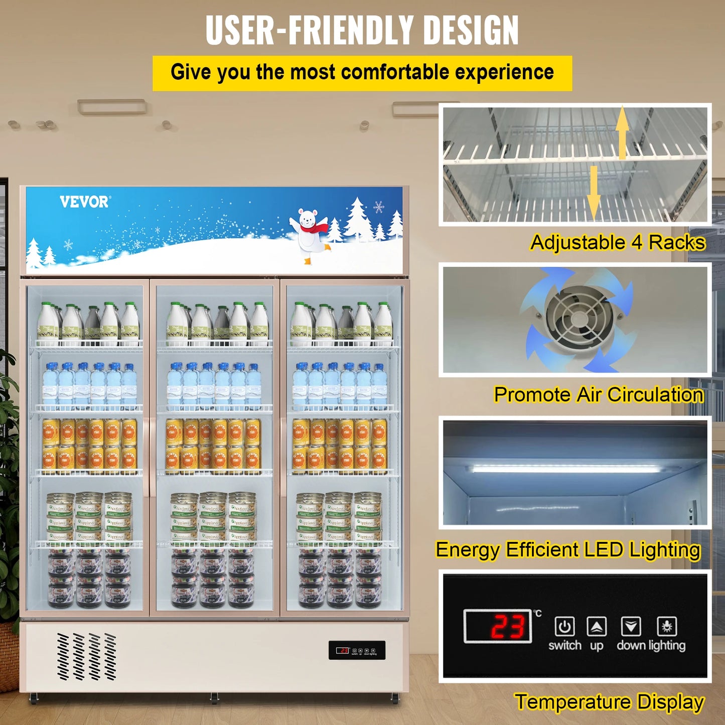 VEVOR – réfrigérateur Commercial à Triple porte battante, refroidisseur de boissons vertical, porte en verre avec lumière LED pour magasin à domicile