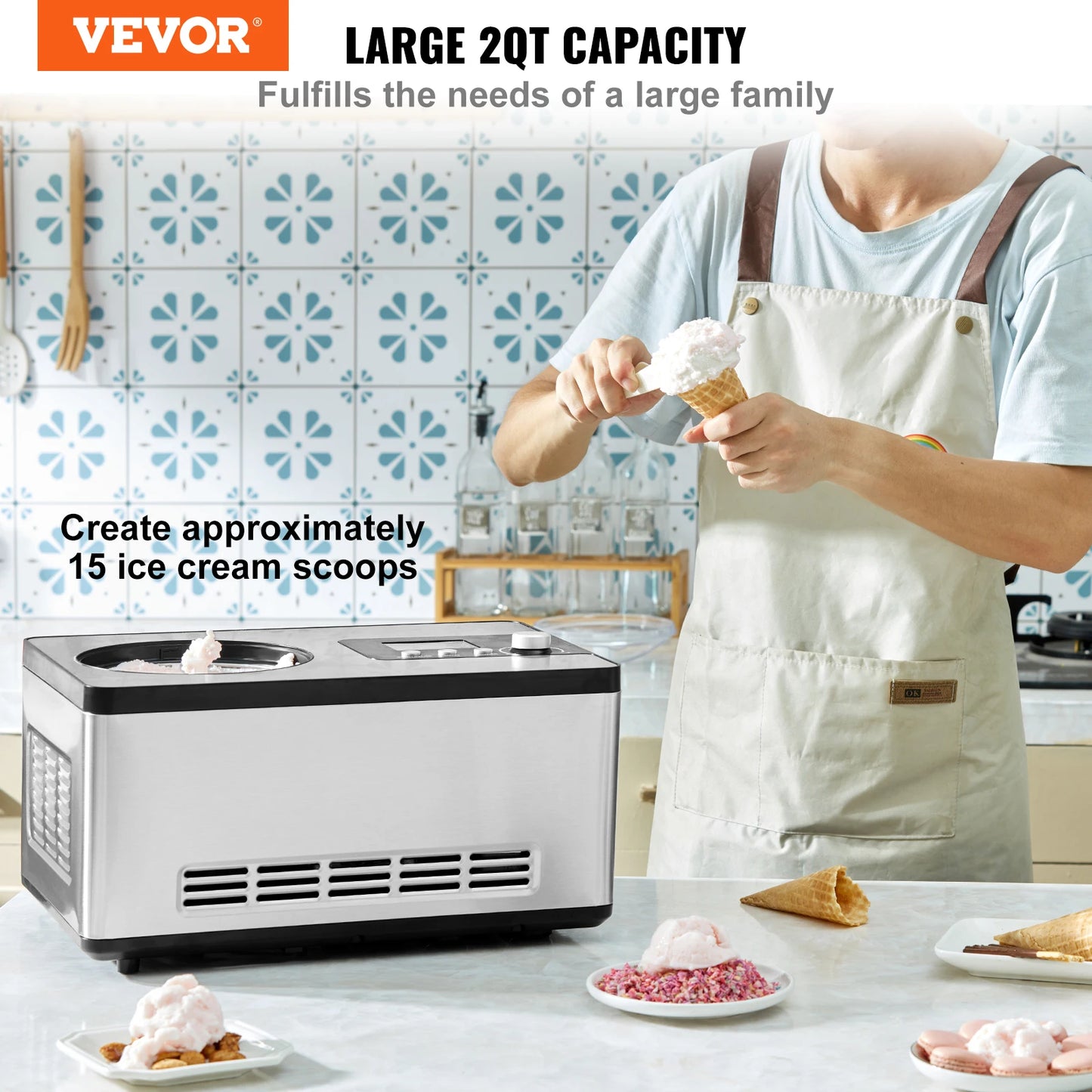 VEVOR Automatic Ice Cream Maker with Built-in Compressor 2 Quart No Pre-freezing Fruit Yogurt Machine Electric Sorbet Maker