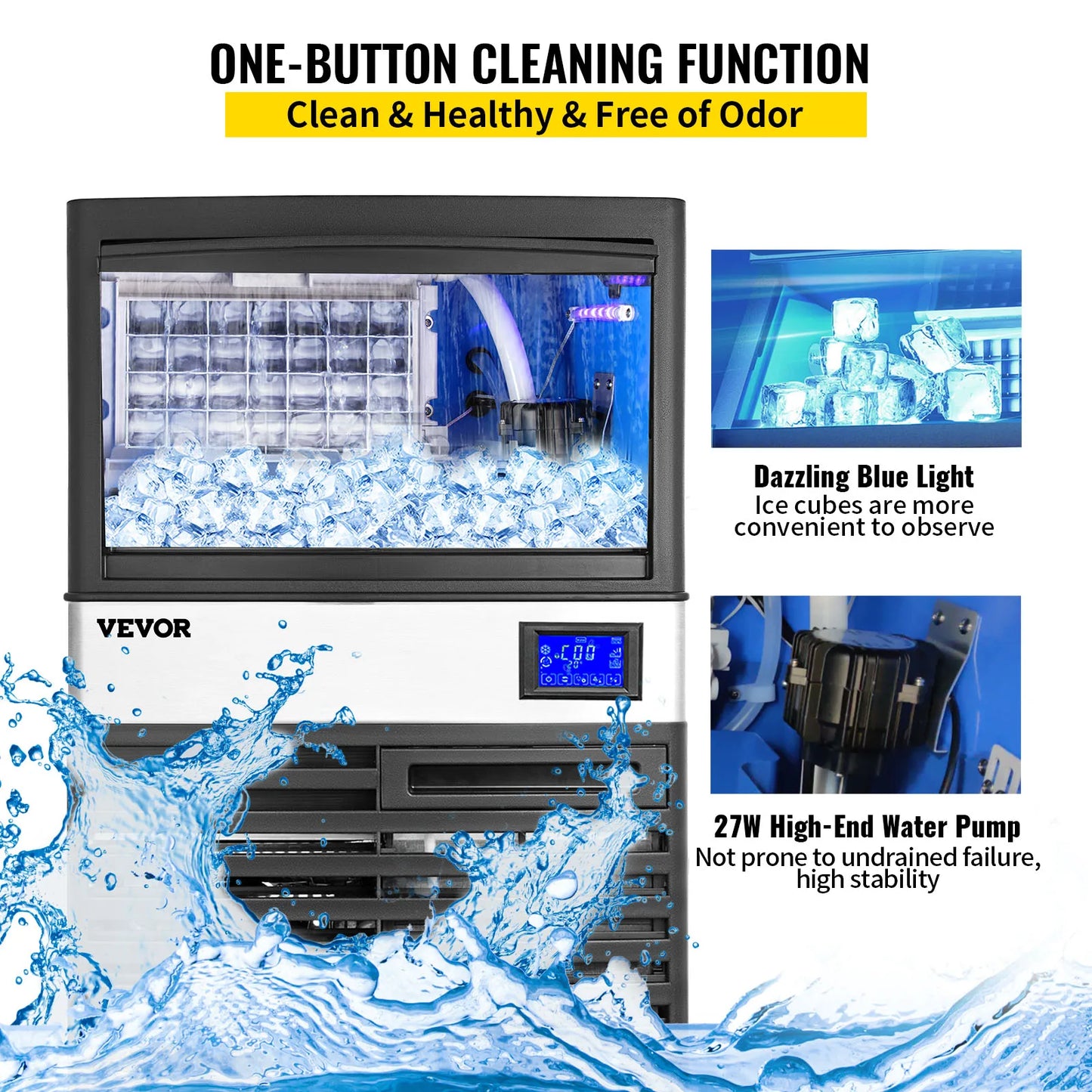 VEVOR Commercial Cube Ice Maker with Water Drain Pump 50/60/70 KG/24H Freestanding LCD Touch Screen Liquid Freezer Ice Machine