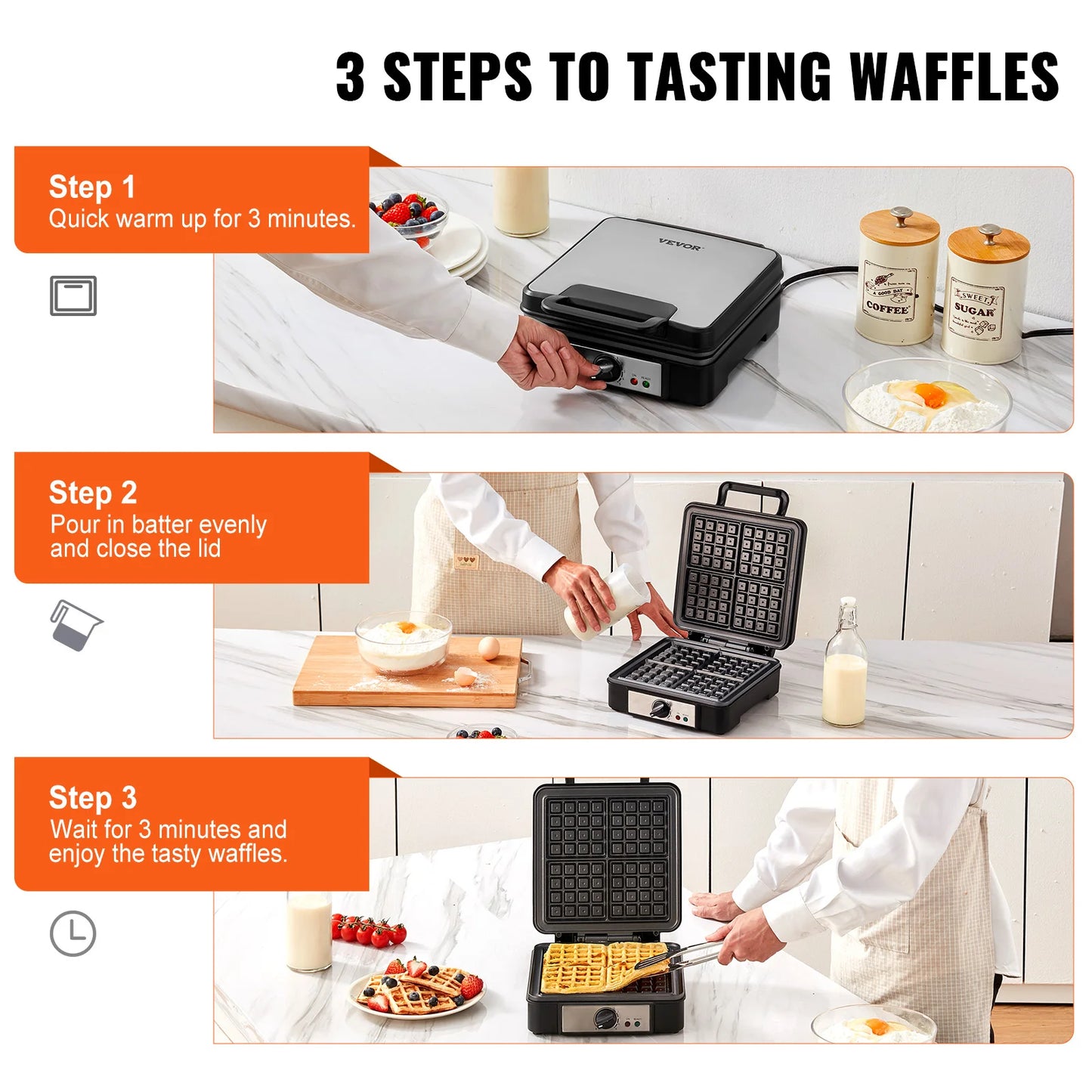 VEVOR Waffle Maker 1200W Square Waffle Iron Non-Stick Waffle Baker Machine with Five-setting Browning Controls 4 Slice 120V