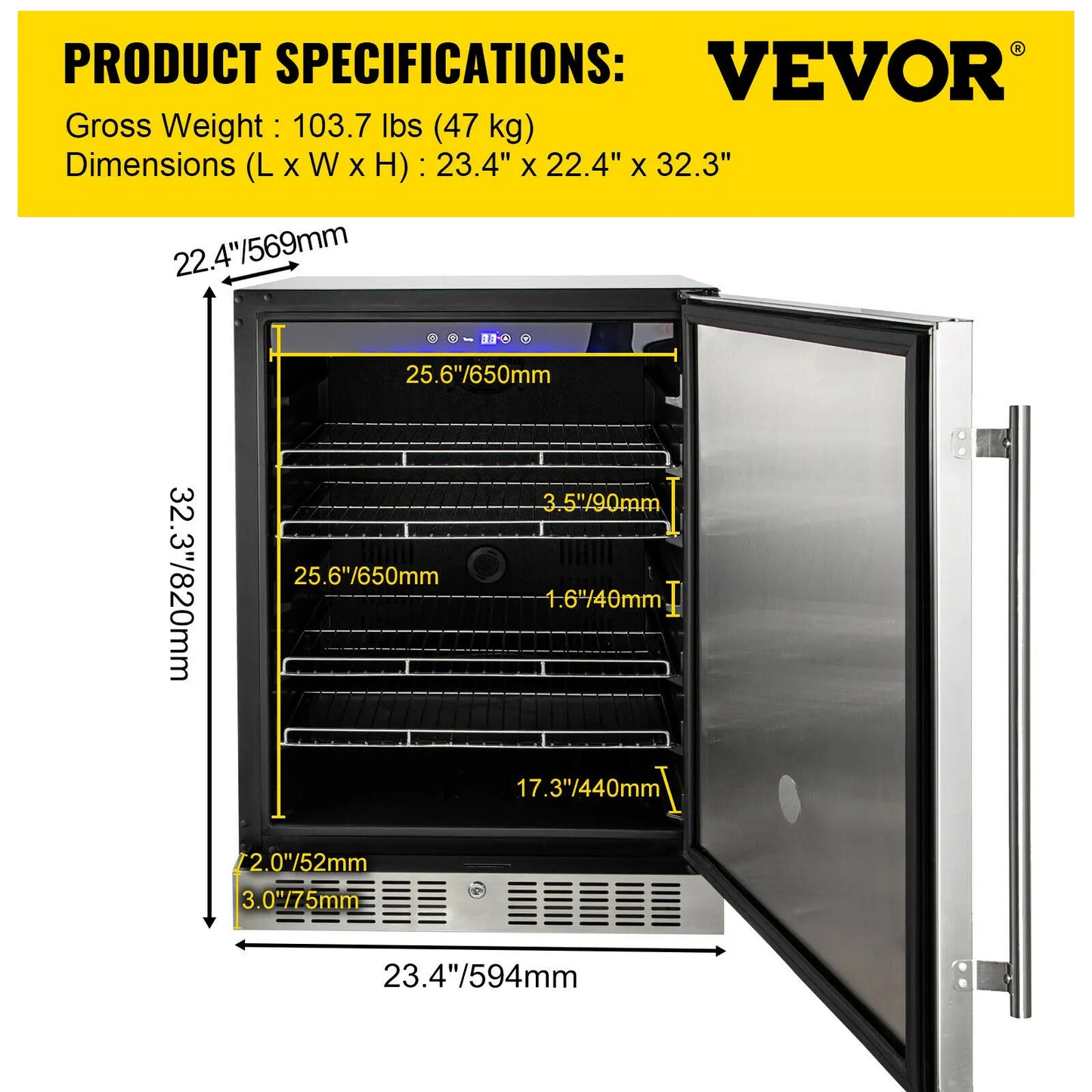 VEVOR 150L Refrigerator Built-in Under Counter 5.3 cu.ft. Stainless Steel Beverage Cooler for Restaurant Bar Cafe Cooling Drink