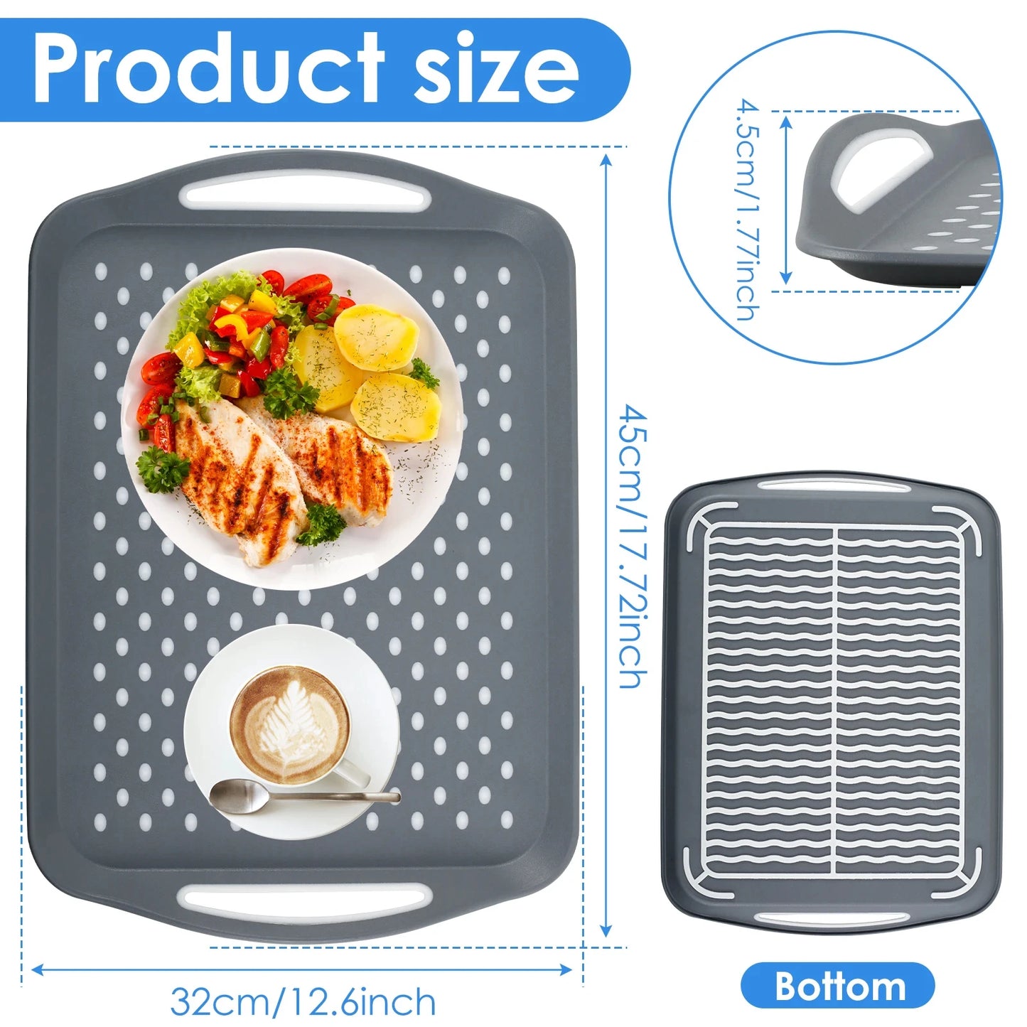 Plateau d'organisation des aliments antidérapant, 2 pièces, plateau de service alimentaire en plastique écologique antiadhésif avec poignée pour les plateaux de cuisine à domicile