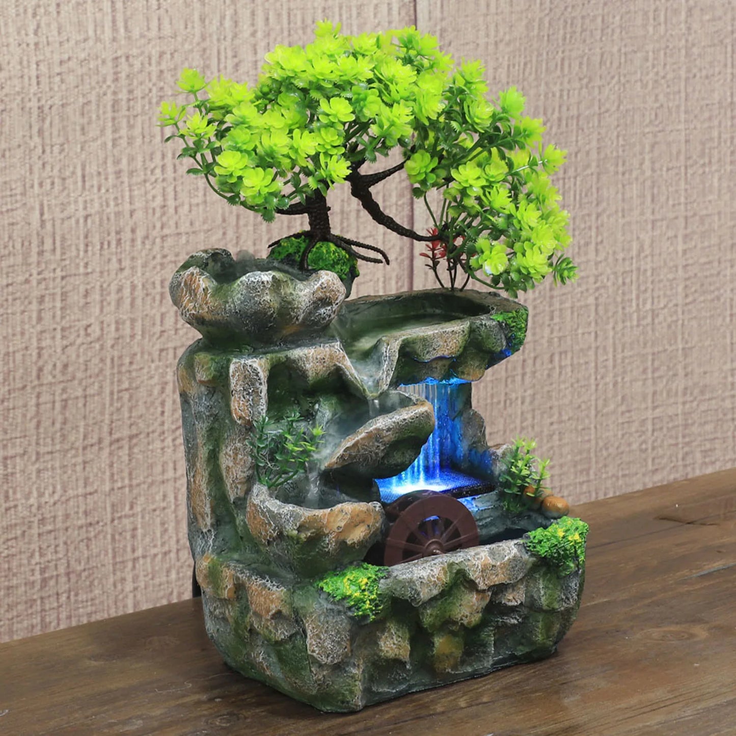 Fuente de cascada de mesa decorativa con bomba, estatua de meditación de rocalla, fuentes de agua iluminadas, manualidades decorativas para oficina