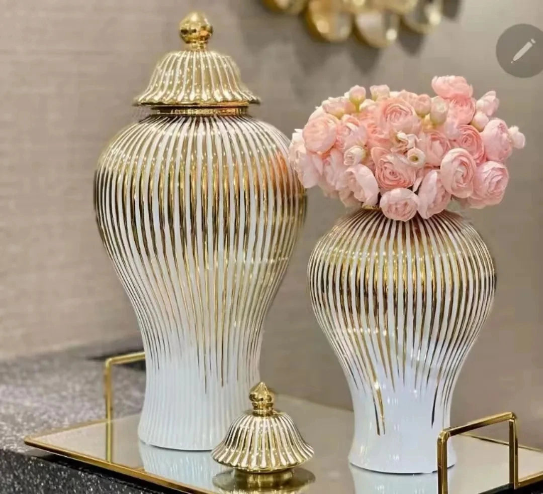 Ceramic Light Luxury Electroplated General Cans European Style Flower Vase Crafts Decorative Decorative Storage Tanks with Soft