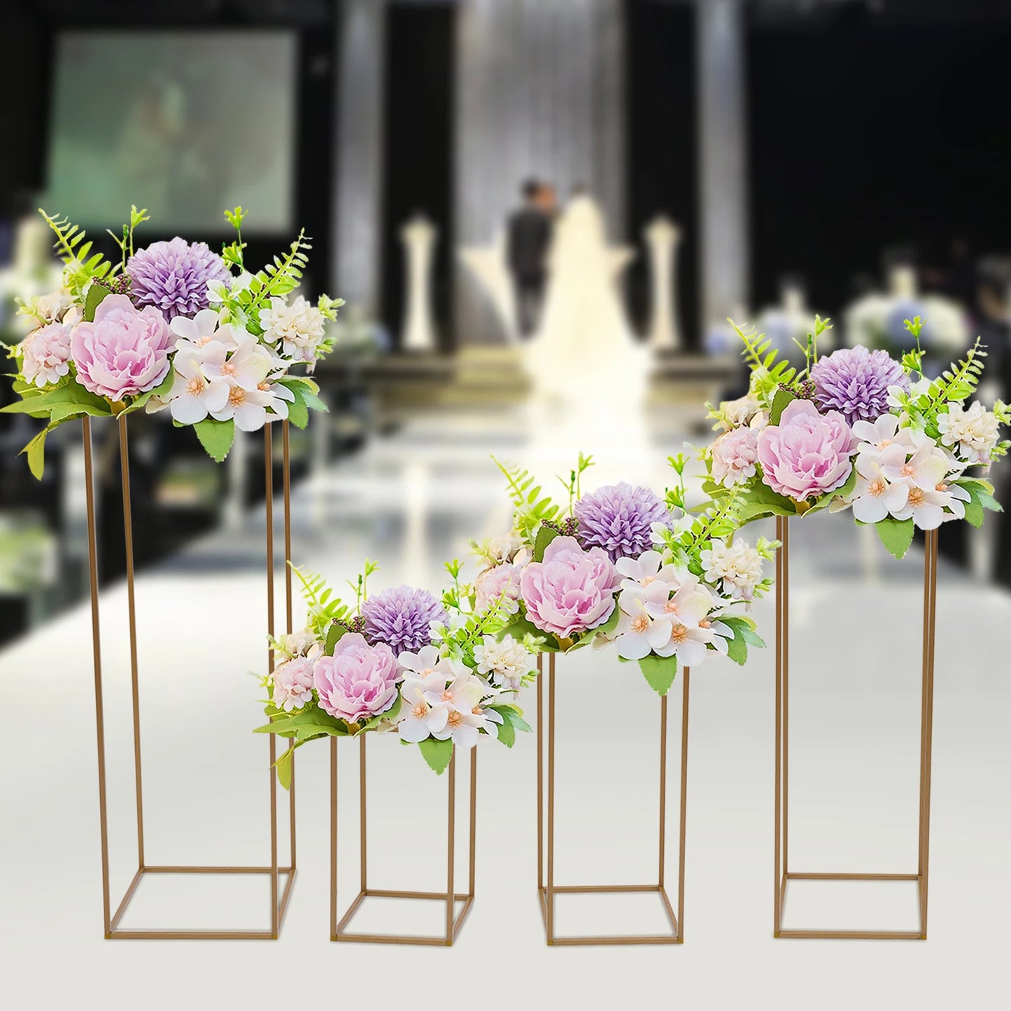 4Pcs Metal Geometric Column Flower Rack 15.74/23.62/31.49/39.37inch Tall Gold Wedding Flower Stand for Wedding Party Decor