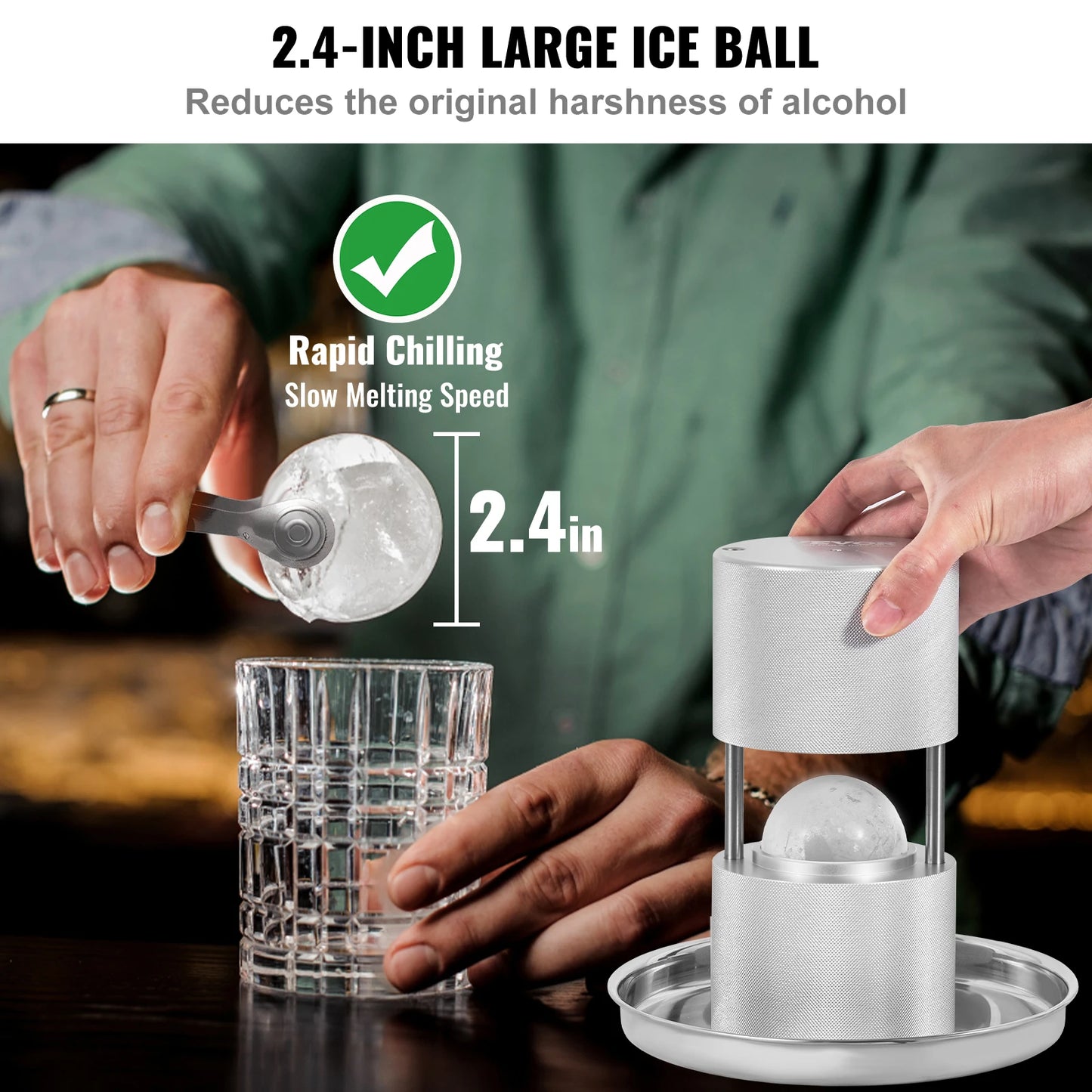 VEVOR 6cm Crystal Clear Ice Ball Press Maker Spherical Whiskey Tray Mould Bubble-Free Ice Cube Making Mold for Bar Restaurant