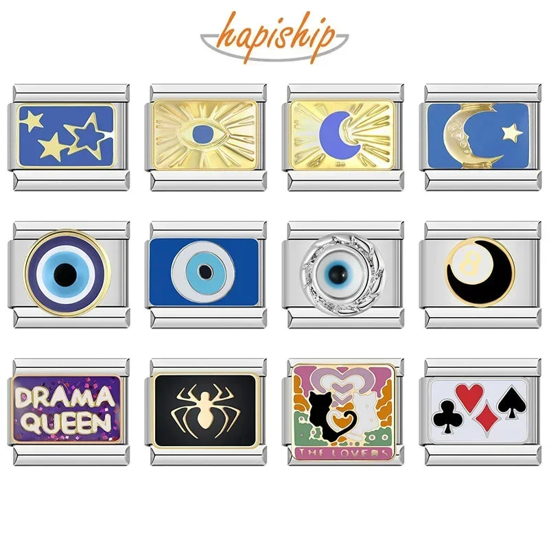 Hapiship 2024 Top moda ojo Luna estrella pez araña Poker reina encanto italiano enlaces ajuste 9mm pulsera fabricación de joyería DIY DJ854