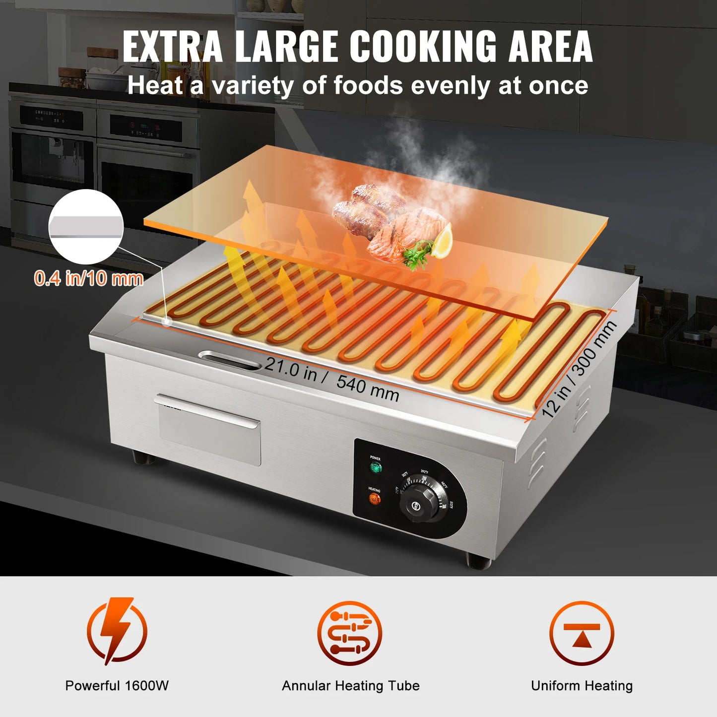 VEVOR 22In Commercial Electric Grill Flat Pan Stainless Steel Desktop Griddle Hotplate Teppanyaki Grill With Temperature Control