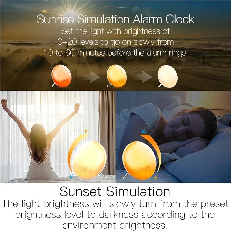 Lumière de réveil intelligente WiFi, horloge de travail, simulation du lever du soleil et du coucher du soleil, 4 alarmes, fonctionne avec Alexa Google Home, application Tuya, télécommande