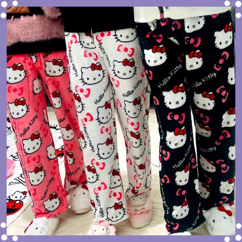 Sanrio Hello Kitty Anime Y2k Kawaii Flannel Pajamas Women'S Warm Woolen Cartoon Casual Home Pants Autumn Winter Fashion Trousers