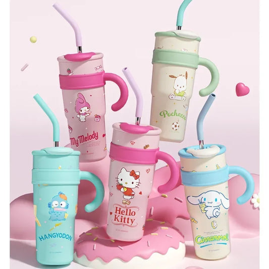 700/1200ml Sanrio Hello Kitty Cinnamoroll Thermos Cup Straw Cup with Handle Cartoon High Capacity Stainless Steel Water Cup Gift